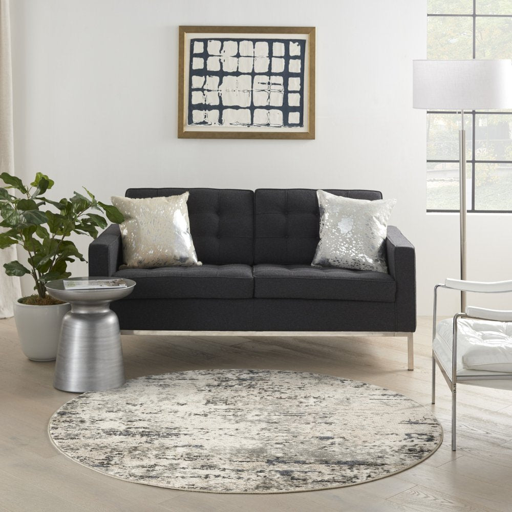 8' Gray Floral Power Loom Round Rug